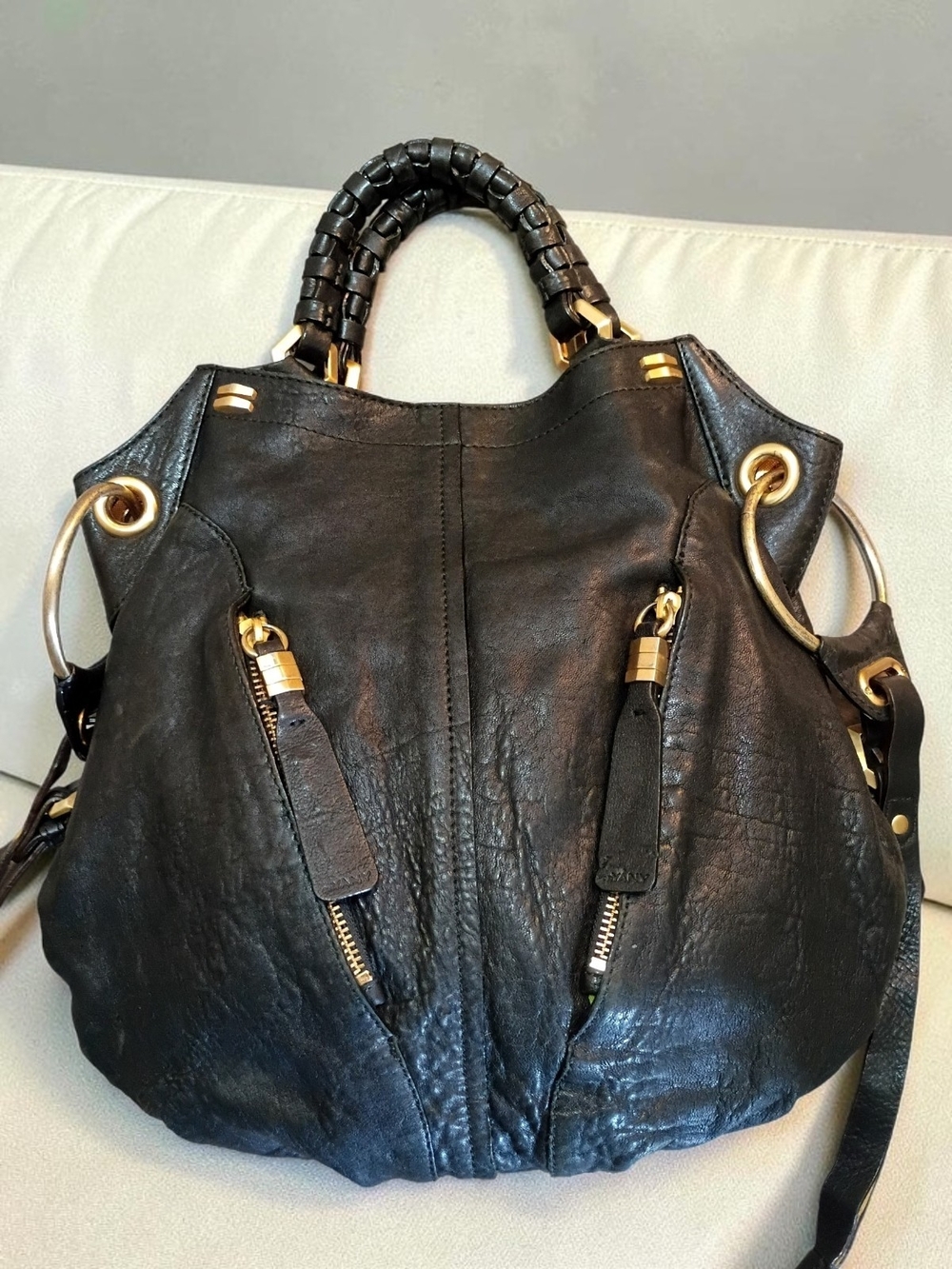 orYANY Gwen Black Distressed Pebbled Leather Convertible Bag